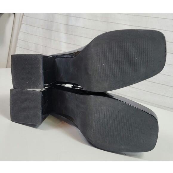 CIDER CHUNKY HEELED TRIPLE STRAP MARY JANES IN PATENT BLACK FAUX LEATHER, SZ 9 - Picture 12 of 16